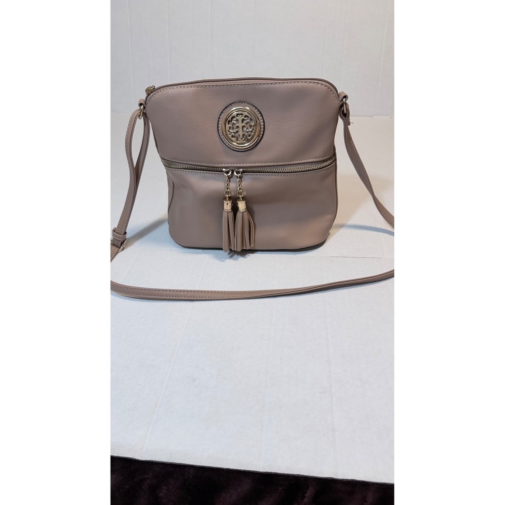 Taupe Mauve Faux Leather Crossbody Bag with Gold Medallion and Tassel Details